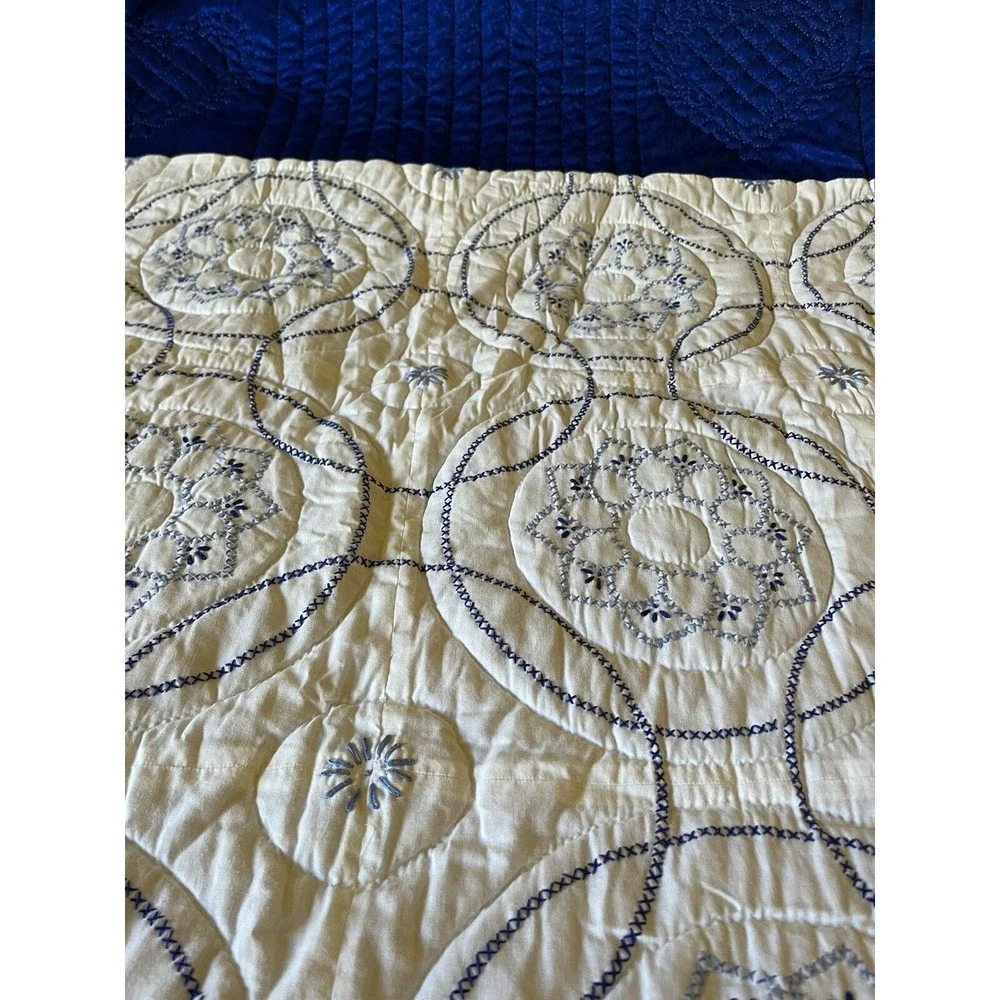 Handmade Lancaster Co PA Blue White Cross Stitch Bedspread wAttached Dust Ruffle